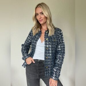 Boutique Denim Blue Jacket Silver Sequin Embellished Brass Button Raw Hem Sz XS